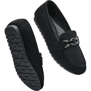 Womens Black Suede Faux Suede Slip On Comfort Chunky Heel Lug Sole Loafers